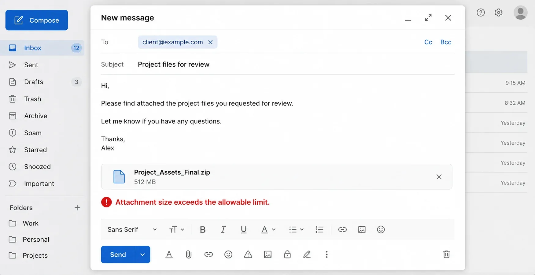 Email client error message showing attachment exceeds 25MB limit