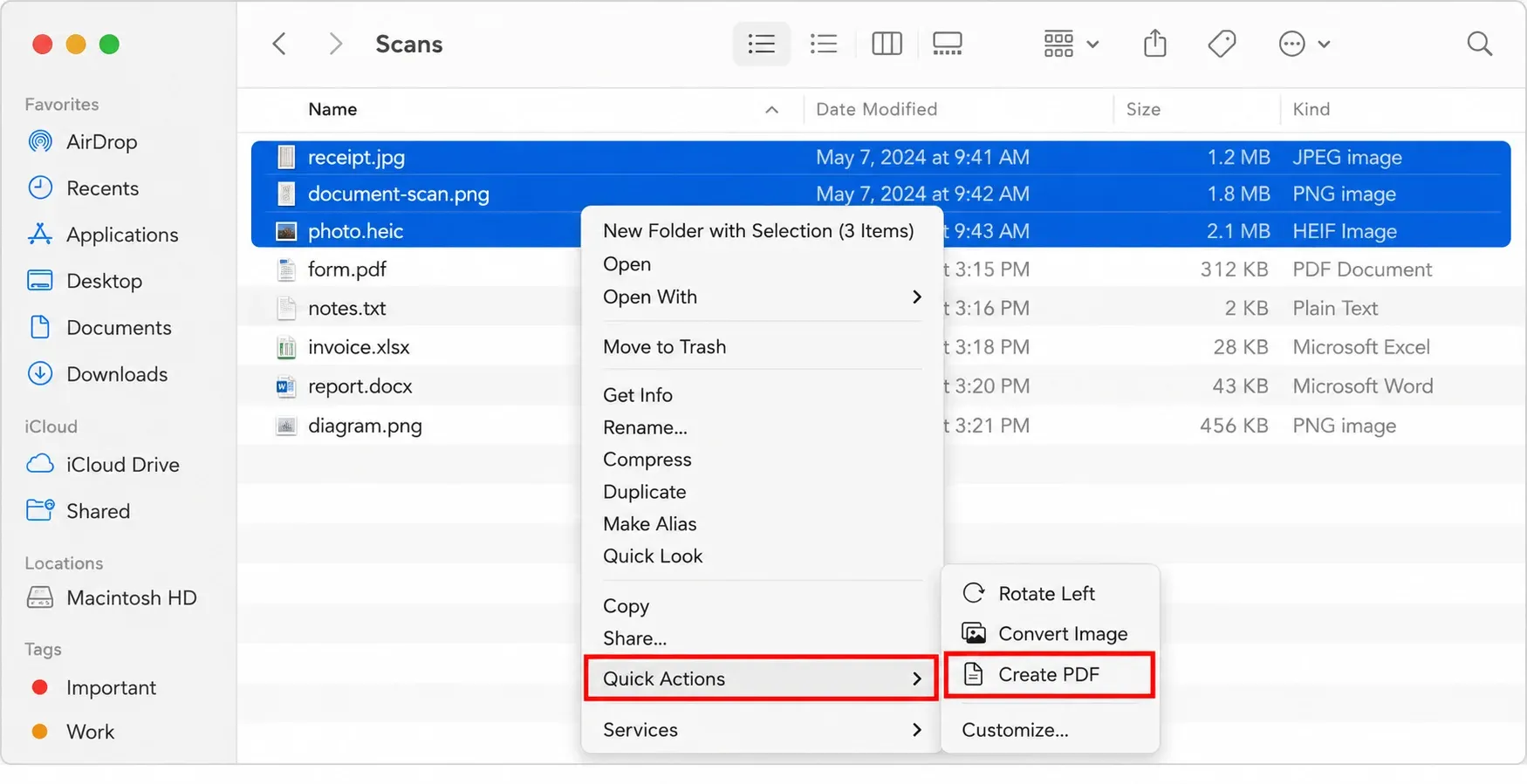 Using macOS Quick Actions in Finder to create a PDF from multiple selected image files