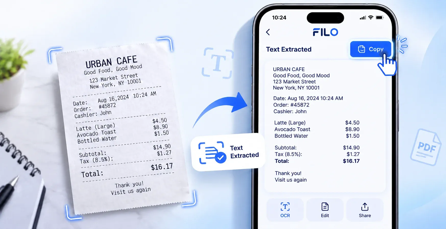 Filo app text extraction tool showing successfully copied text from a receipt.