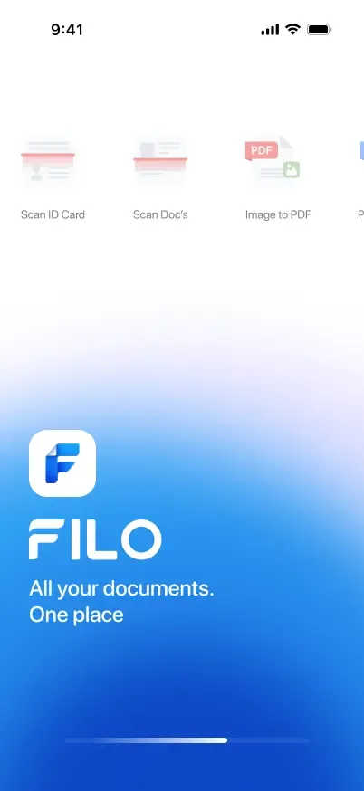 Filo app screen showing scan, convert and PDF tools