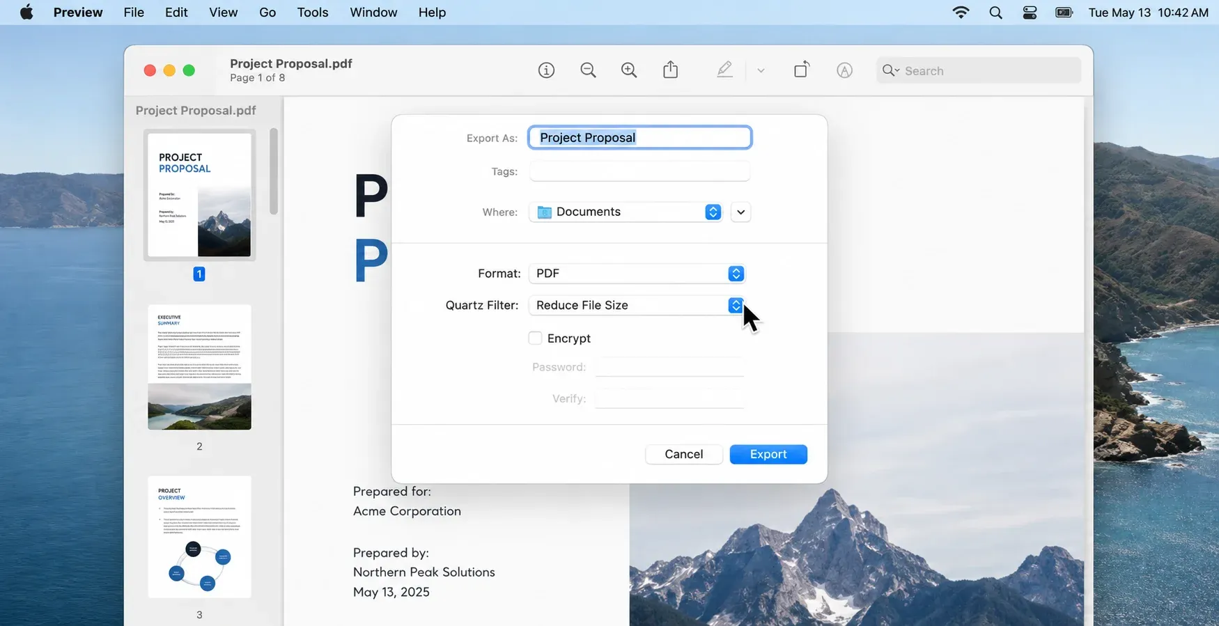 macOS Preview export menu showing the Quartz Filter reduce file size option